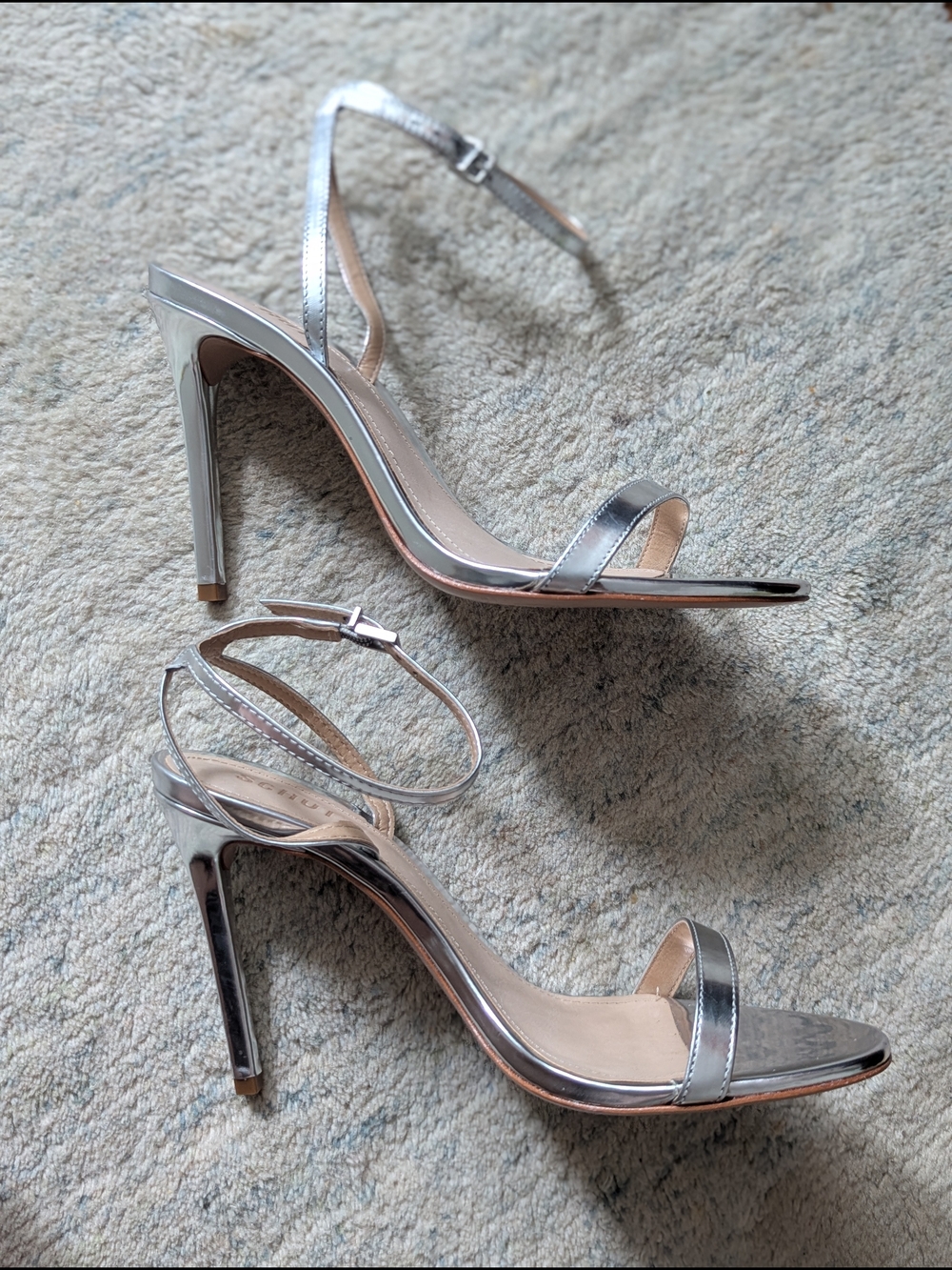 SCHUTZ Joenn In Prato Silver Metallic Ankle-Strap Stiletto Sandals